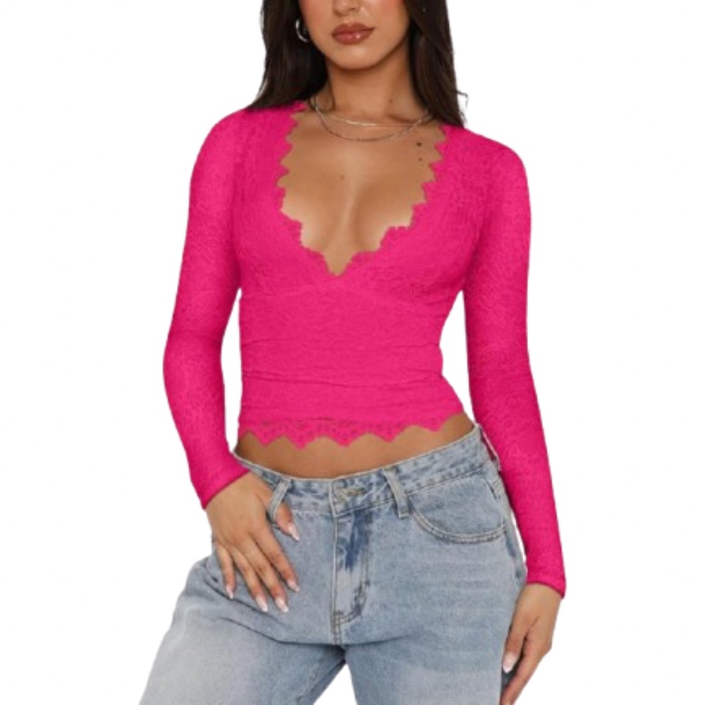 NWT REORIA Pink Lace Long Sleeve Y2K Crop Top Size Medium